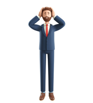 3D illustration of disappointed bearded businessman.  Cartoon standing male character in suit, clutching his head and panicking, isolated on white background.
