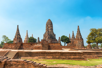 Brick ruins of ancient buddhist temple Wat Chai Watthanaram. Old architecture of Ayutthaya, Thailand