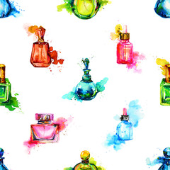 Seamless pattern with watercolor bottle of perfume, green, pink, blue glass. Splashes and streaks of paint and ink. White background.