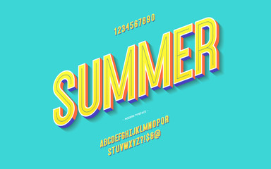 Vector fun summer font 3d bold color style modern typography for decoration, logo, poster, t shirt, book, card, sale banner, printing on fabric, industrial. Cool typeface. Trendy alphabet. 10 eps