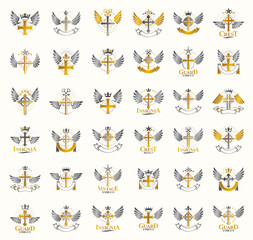 Vintage Christian crosses vector logos or emblems, heraldic design elements big set, classic style heraldry religion symbols, antique designs.