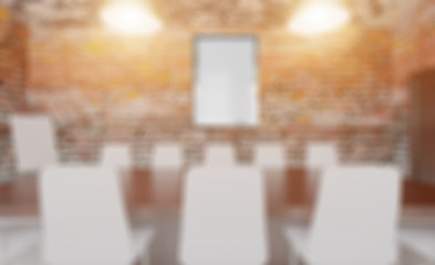 Abstract blur phototography. Brick wall. Open space office interior with like conference room. Mockup. 3D rendering.. Empty paintings