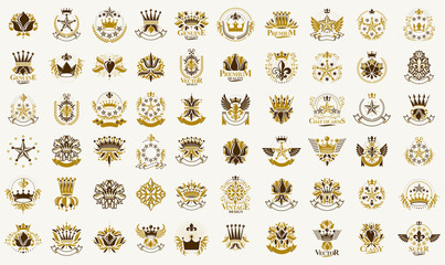 Classic style crowns and stars emblems big set, ancient heraldic symbols awards and labels collection, classical heraldry design elements, family or business emblems with coronets. - obrazy, fototapety, plakaty