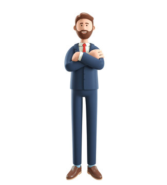 Portrait of smiling bearded businessman. 3D illustration of cartoon standing male character in suit with hands crossed, isolated on white background.