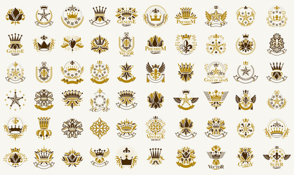 Classic style crowns and stars emblems big set, ancient heraldic symbols awards and labels collection, classical heraldry design elements, family or business emblems with coronets.