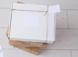 Set of parcel tie hemp cord. Delivery service. Online shipping. Holidays gifts concept. Many presents.