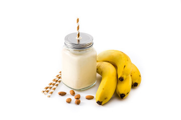 Banana smoothie with almond in jar isolated on white background	