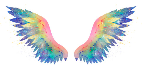 Beautiful magic shiny glittery rainbow wings, watercolor effect