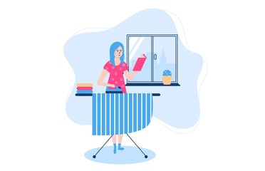People poses for reading vector illustration. Cartoon flat woman housewife character working with interesting book, ironing clothes on board. Love to literature, home activity isolated on white