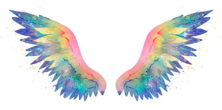 Beautiful magic shiny glittery rainbow wings, watercolor effect