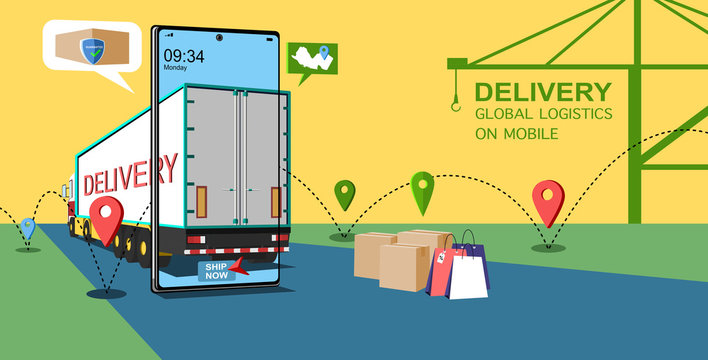 Online delivery global logistics concept. Delivery home and office. City logistics. Warehouse, Truck, Delivery application, Delivery service on mobile.