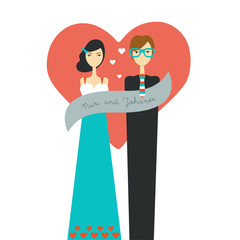 Wedding love cartoon couple. Art flat illustration. Character heads, avatar. Valentine design.