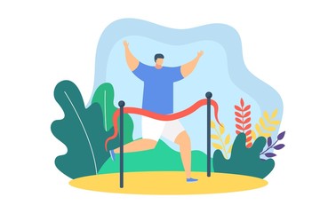People runners jogging vector illustration. Cartoon flat happy man champion winner character finishing first, taking part in marathon race competitions. Outdoor summer sport activity isolated on white