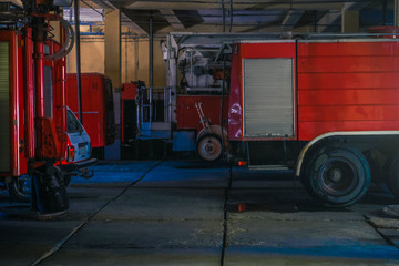 Fire engine inside the garage of the fire department
