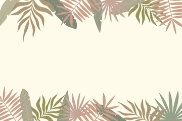 Fototapeta na wymiar Light green, brown and pink tropical leaves on light yellow background. Horizontal natural border. Suitable for banner, poster.