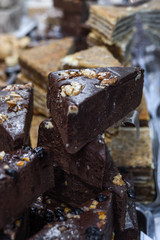 Sugar free, gluten free, lactose free piece of chocolate dessert cake bar.