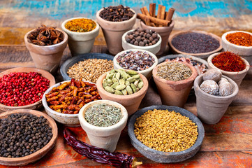 Indian spices collection, dried colorful condiment, nuts, pods and seeds and another spices in clay bowls