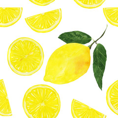 Seamless pattern of yellow lemon with branch and leaves isolated on white background. Watercolor hand drawing illustration for wallpaper; backdrop; cover, textile, print.