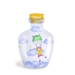 Digital illustration. A girl is flying with a parachute among the clouds. Illustration in a glass bottle.