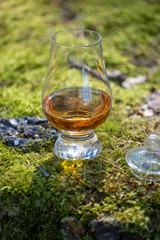 Tasting of scotch single malt whisky from Islay island, most intensely flavoured of all whiskies in Scotland
