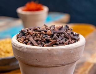 Indian spices collection, dried aromatic cloves flower buds and another spices in clay bowls