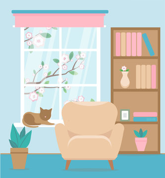 Cozy elegant interior. Large window with six sections. Cherry is blooming on the street. blue walls, white window frame, beige armchair, bookcase, and brown cat. Vector flat illustration