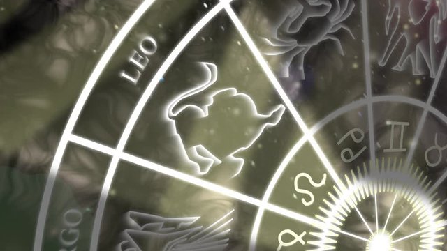 Leo zodiac sign. 4K animation of the Leo symbol and star sign appearing on a slowly spinning zodiac wheel. 4K zodiac wheel background. Leo star sign