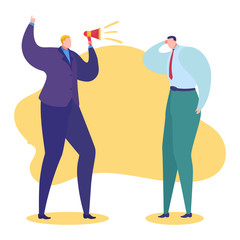 Work problems vector illustration. Cartoon flat angry boss character shouting in loudspeaker megaphone at sad man employee for bad job, professional business task fail concept isolated on white