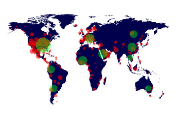 Obraz premium Coronavirus (COVID-19) spread on world map confirmed cases report worldwide with red circle and recovered case with green circle