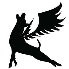 Silhouette of a flying dog isolated vector icon. Dog with wings isolated contour.