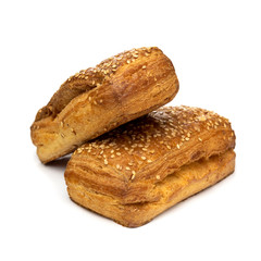 Baked cheese bun made of puff pastry with sesame seeds. Bun with sesame isolated on white background.