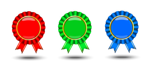 set of red, green, blue badge medal icon with different ribbon. template for about the award for the victory of the first achievement and quality, courage, victory day, may 9