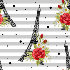 Seamless floral pattern with Eiffel towers on striped background. Vector illustration