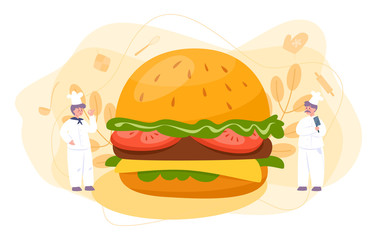 Fast food, burger house concept. Chef cook tasty hamburger with