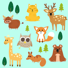 Set of cartoon Woodland Animals and Forest Elements.