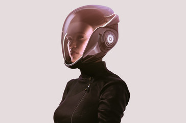 woman wearing helmet for protection from viruses- 3d rendering