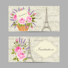 Set of horizontal banners with Eiffel Tower and flowers on vintge background
