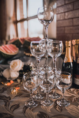 catering services in restaurant outdoor on wedding ceremony. Food and glass of champagne. restaurant