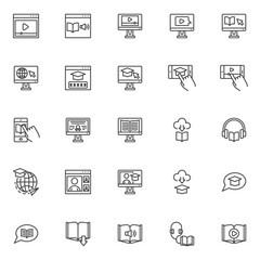 E-learning line icons set. Online education linear style symbols collection, outline signs pack. vector graphics. Set includes icons - audiobook, webinar, graduation cap, distance learning, university