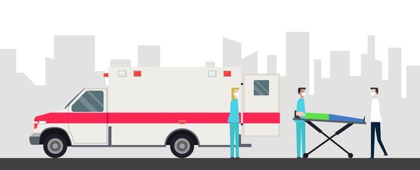 Rescue team provides first aid. Ambulance concept in flat style isolated. Young doctor paramedic man and woman, ambulance and patient on stretcher. Ambulance emergency paramedic carrying patient. © Mykhailo