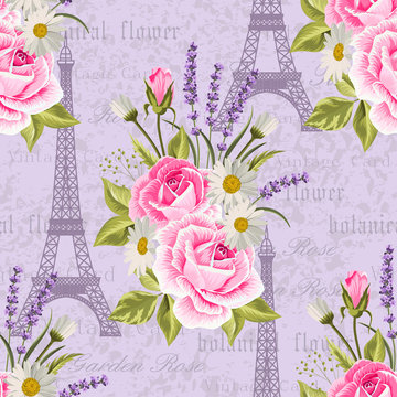Seamless floral pattern with Eiffel towers on vintage postcard background. Vector illustration