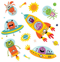 Funny monsters in space. Vector illustration for children