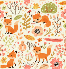 
Forest seamless pattern with foxes and flowers.