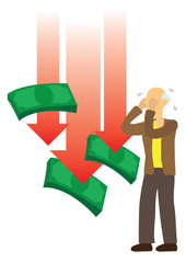 Old age man with money drop and red arrows. Concept of recession, investment or pension loss.