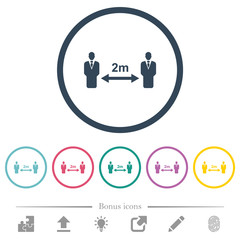 Social distancing 2 meters flat color icons in round outlines