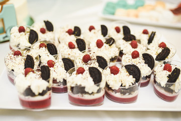 catering services in restaurant outdoor on wedding ceremony. Food and glass of champagne. restaurant