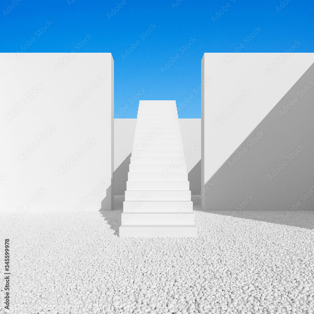 Poster abstract of minimal architecture space with white staircase and wall around with small gravel on blu