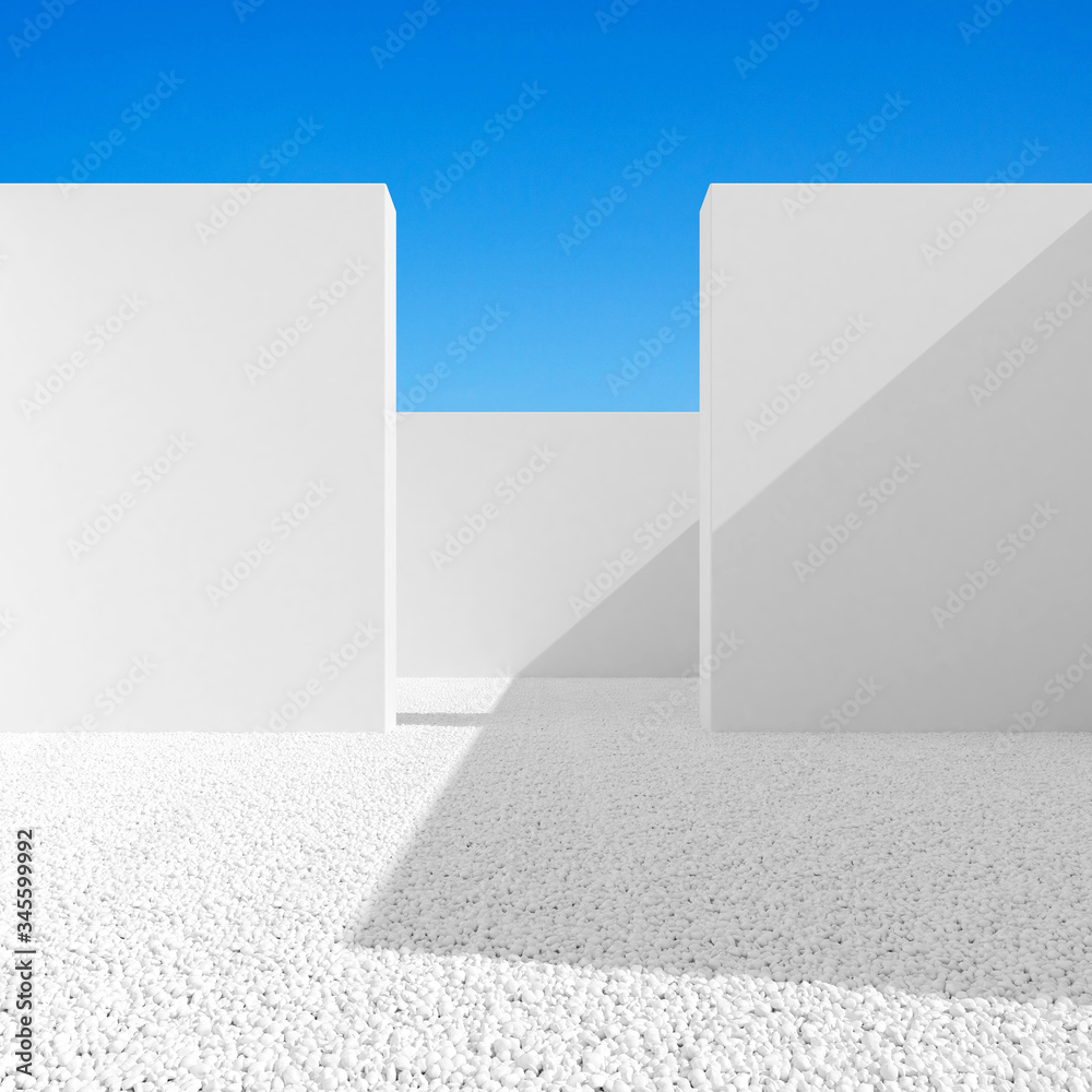 Poster Abstract of minimal architecture space with white plain building and wall with small gravel on blue sky background, shade and shadow. 3D rendering.