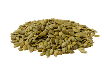 Peeled Pumpkin Seeds. Unshelled kernels. Isolate on a white background.