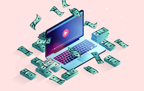 Video creator money - laptop computer with dollar money in stacks, and flying in air. Vlog, video content, influencer income and make money online concept. Vector illustration.